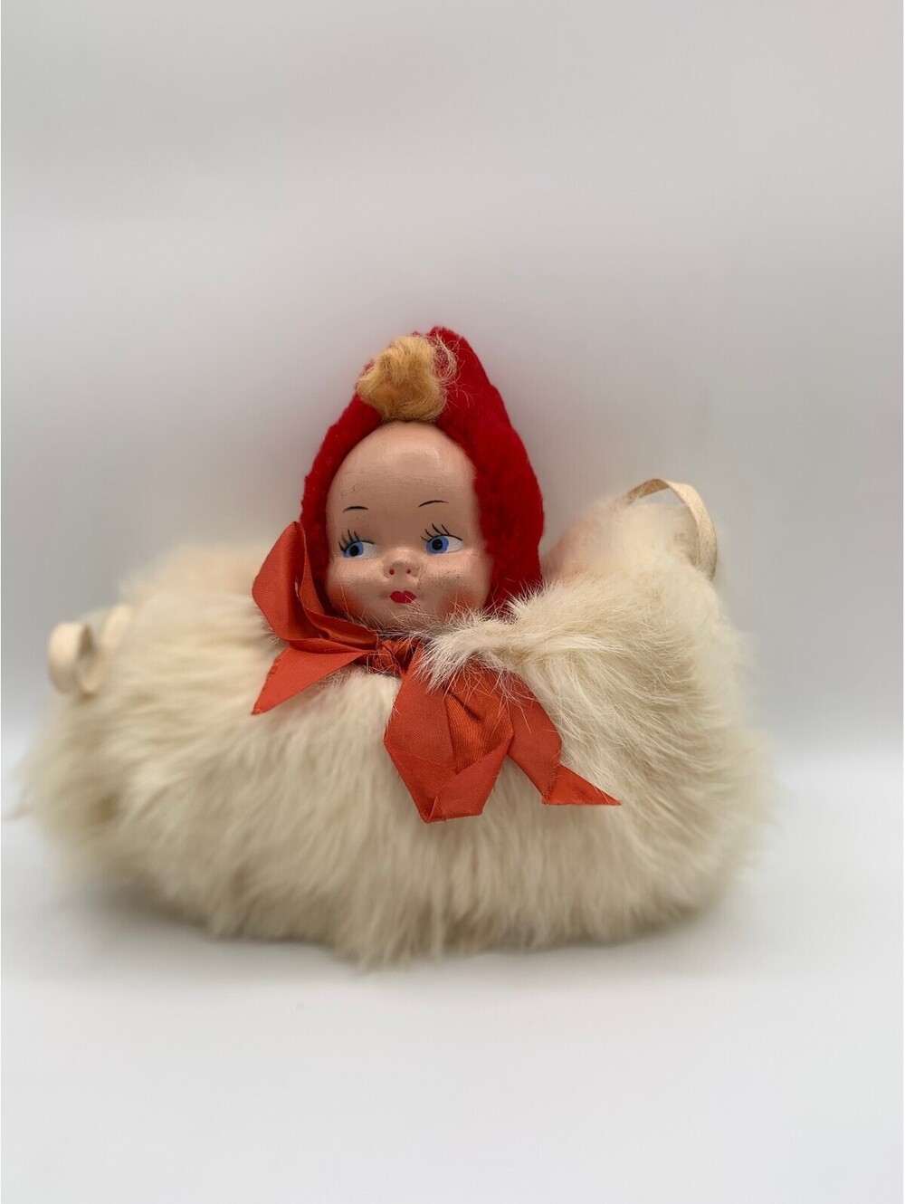 1950s Childs Rabbit Fur Hand Muff Featuring Doll Head
